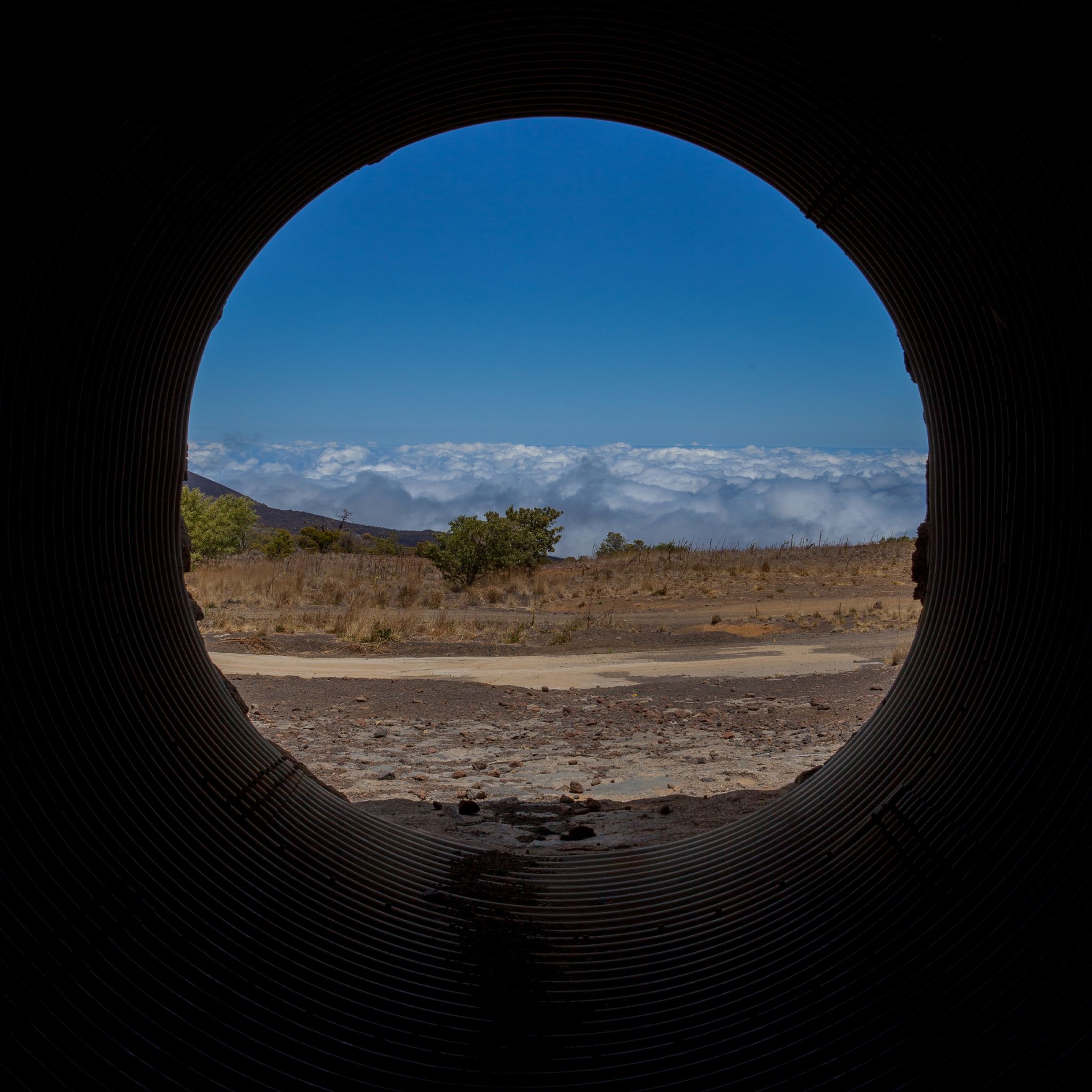 View through a dark corrugated culvert on Mauna Kea, framing a circular vista of blue sky above a sea of clouds